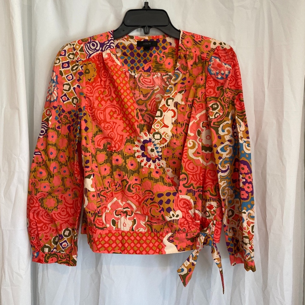 J. Crew Printed Linen Wrap Blouse